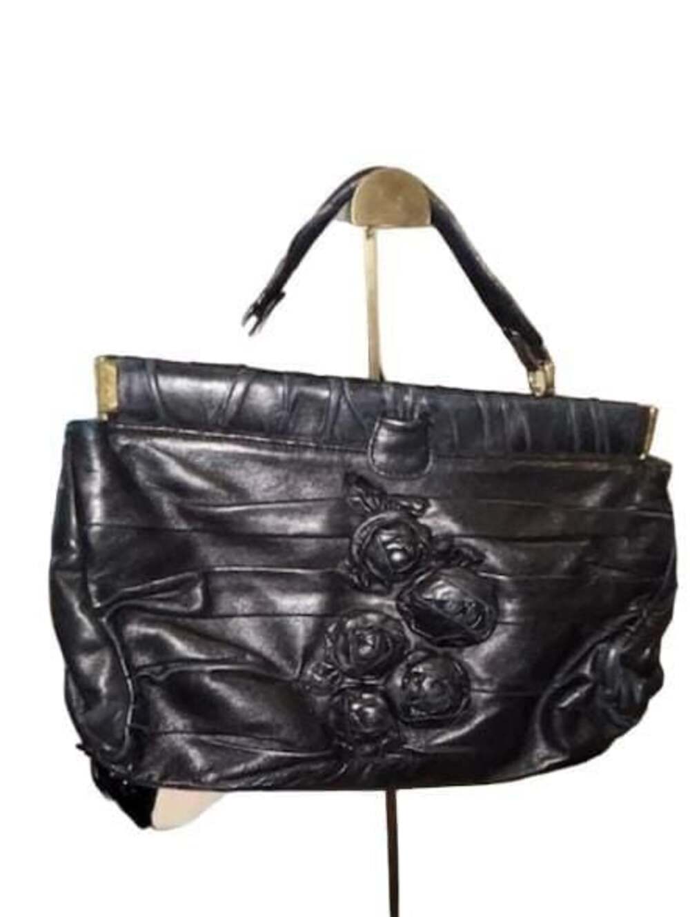 Valentino Garavani Black Leather Floral Rose Ruched Shoulder Bag + Dust Bag